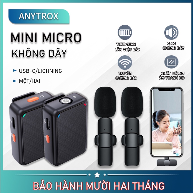 Anytrox Mini micro thu âm không dây cài áo Micrô lavalier không dây 2,4g cho YouTube,TikTok,Facebook
