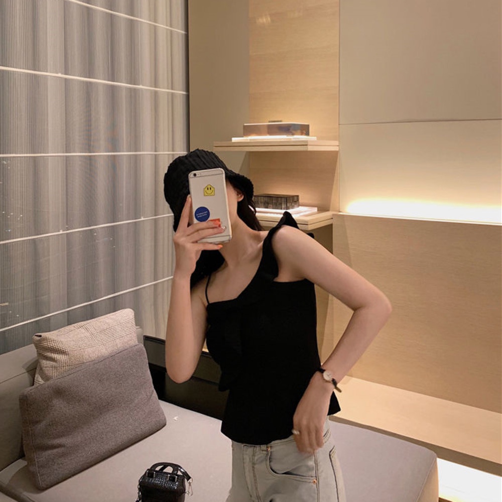 Áo Tank Top Dệt Kim Hở Lưng Phối Diềm Thời Trang