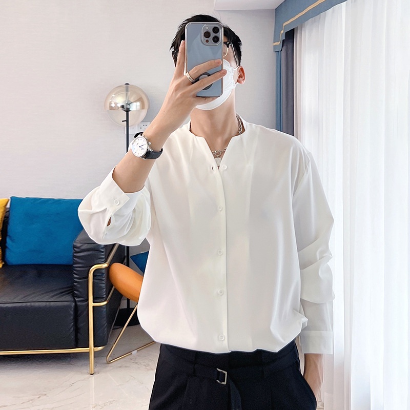 Áo sơ mi nam form rộng Cổ Trụ Cổ Tàu tay dài màu Trắng,Đen chuẩn form Hàn Quốc vải lụa mềm mịn SMD03