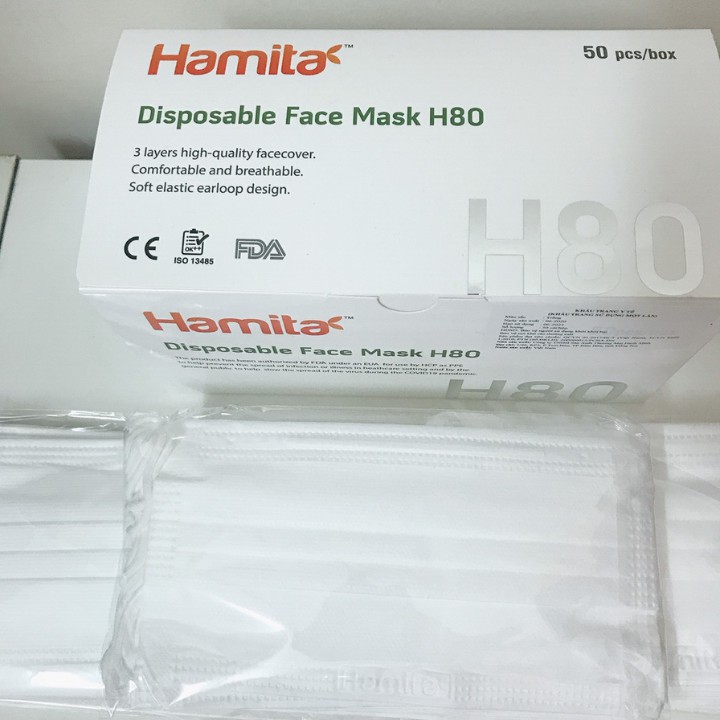 Khẩu trang y tế Hamita 3 lớp  Hàng xuất khẩu - ISO13485, CE, FDA - Model H80