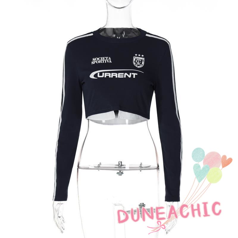 DUNEA Áo Thun Croptop Tay Dài In Chữ Cá Tính Trẻ Trung Cho Nữ