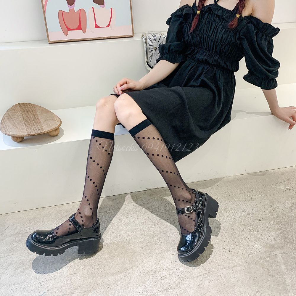 [Sỉ lẻ] Tất, vớ mỏng tới bắp chân thêu họa tiết Chấm Bi Leo, phong cách lolita, vô cùng dễ thương, sành điệu và cá tính