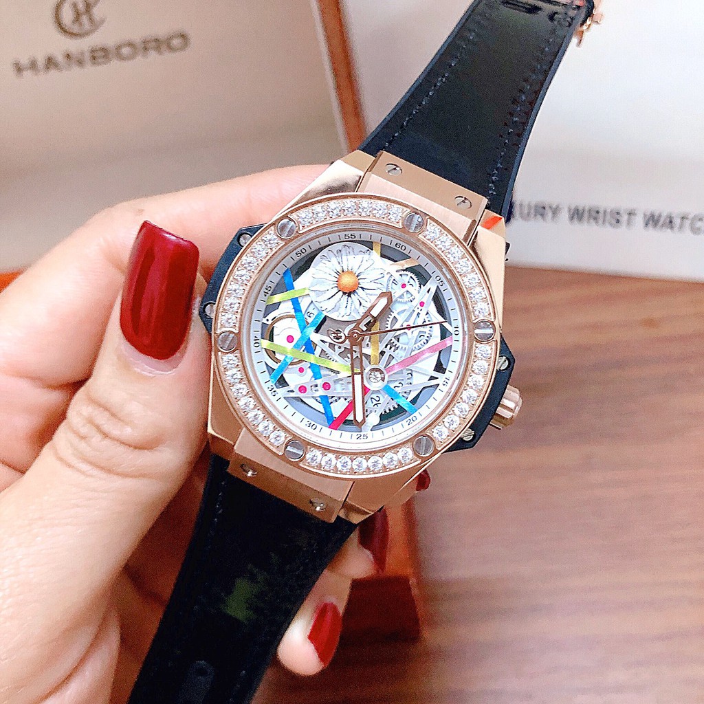 Đồng Hồ Huboler Nữ Dây Da Silicon Đen 36mm Rose Gold Chính Hãng