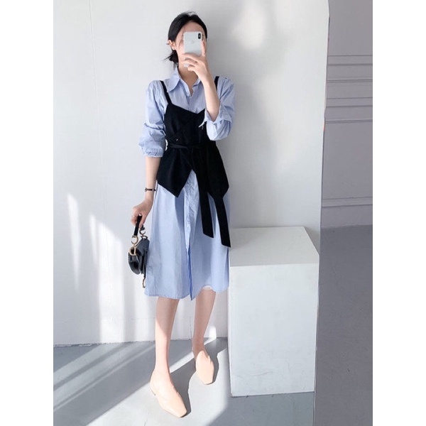 Đầm sơ mi xuông kèm đai thắt eo nữ tính