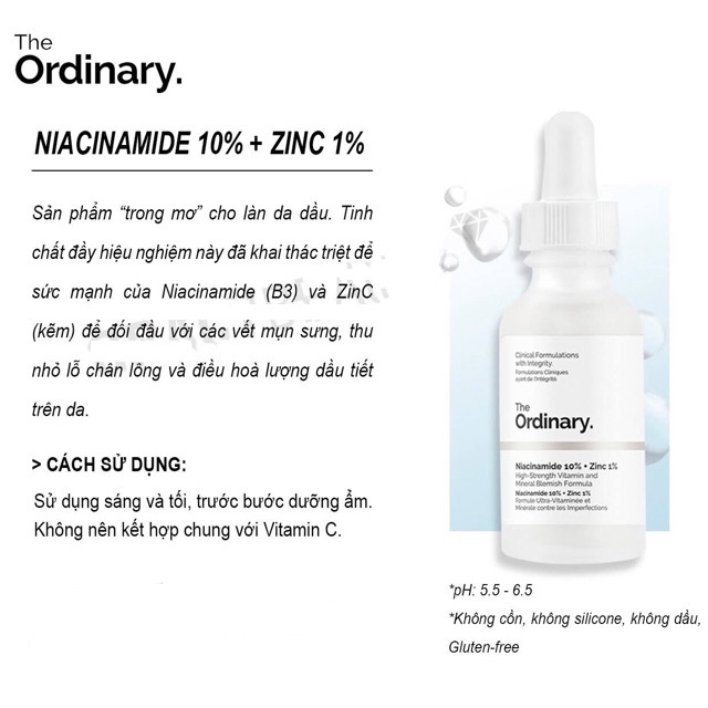 The Ordinary Niacinamide 10% + Zinc 1%, The Ordinary Hyaluronic Acid 2% + B5 - Ngọc Diệp cosmetics