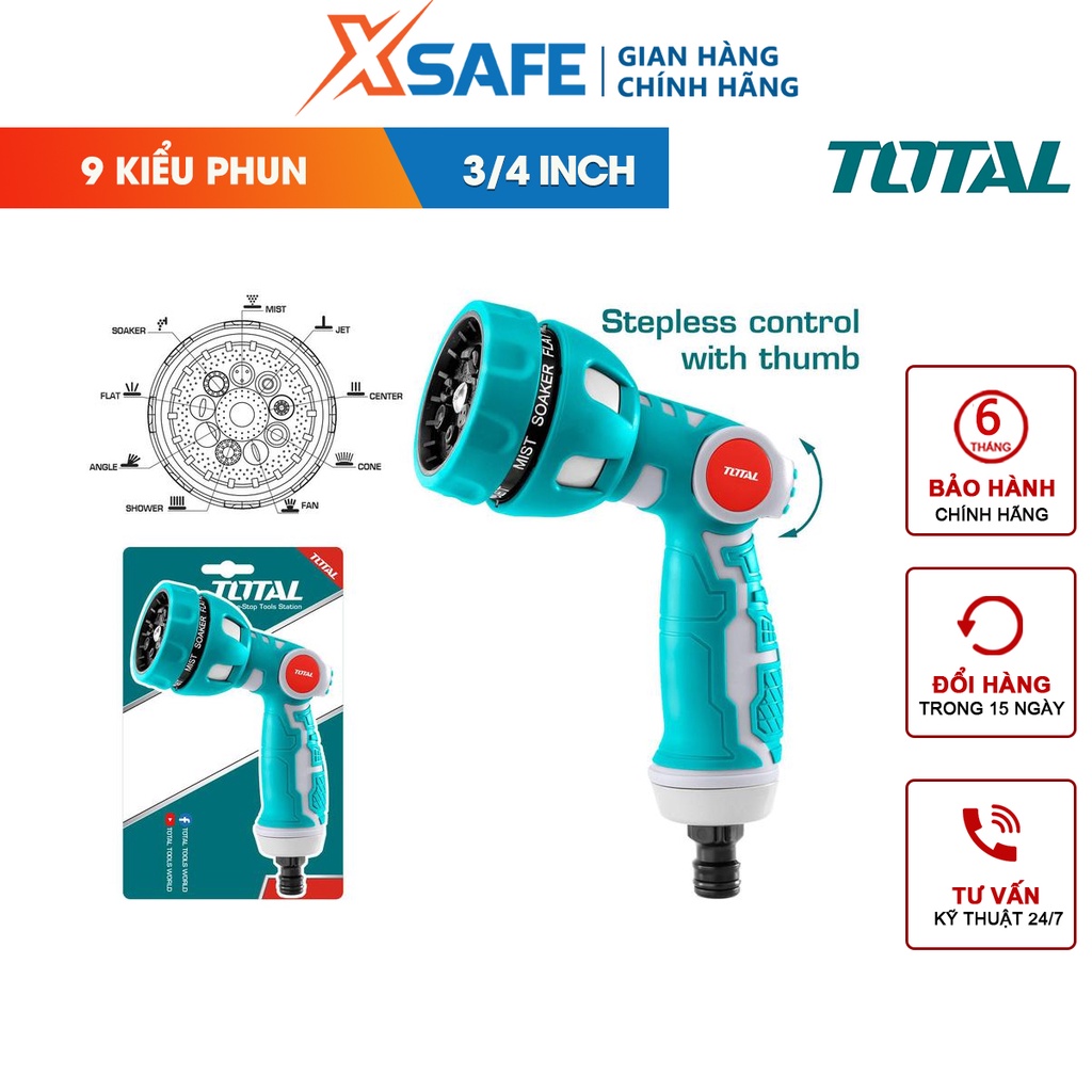 Đầu phun nước 9 kiểu phun TOTAL THWSG6091 phun sương, làm ướt, phẳng, thẳng đứng, hoa sen, hình nón, quạt, trung tâm