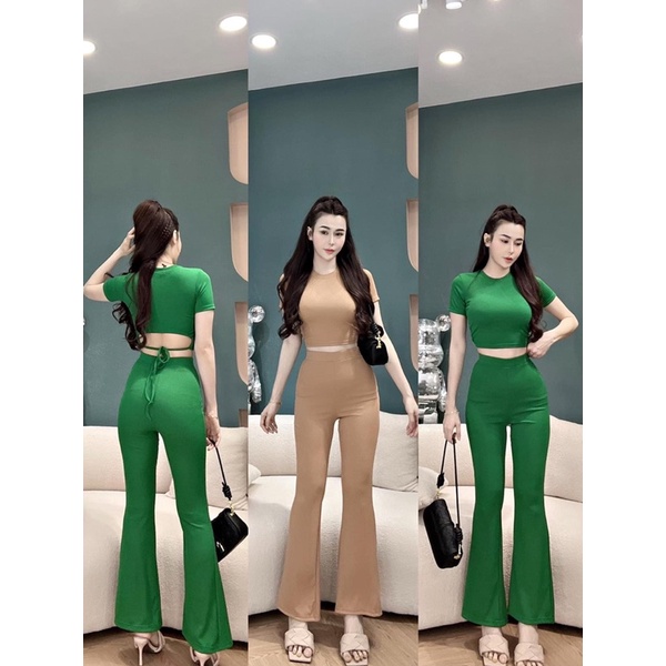 Set bộ cotton sịn quần loe kết hợp áo croptop hở lưng SET136