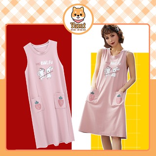 [RẺ NHẤT SÀN] Váy ngủ, váy mặc nhà chất cotton có túi hoạ tiết thỏ carot đáng yêu [VN12]