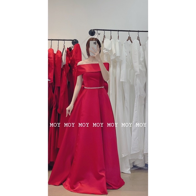 Váy cúp phi xòe xẻ bệt vai nơ đan lưng - Váy cưới thiết kế đơn giản-H316