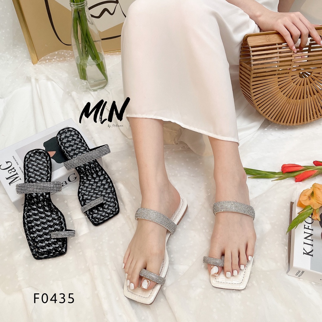 DÉP NỮ ĐẾ ĐAN MÂY BỆT MỘT QUAI NGANG XỎ NGÓN ĐÍNH ĐÁ LẤP LÁNH XUẤT KHẨU F0435