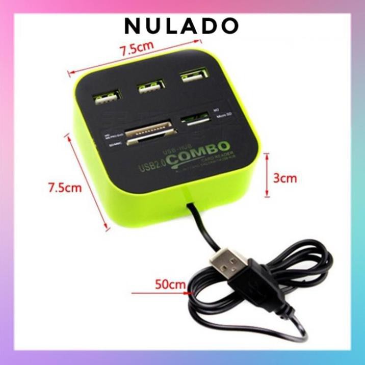 Bộ chia USB HUB kiêm đầu đọc thẻ nhớ 2 in 1 cổng 2.0 giá rẻ mẫu 3 giao màu ngẫu nhiên NULADO