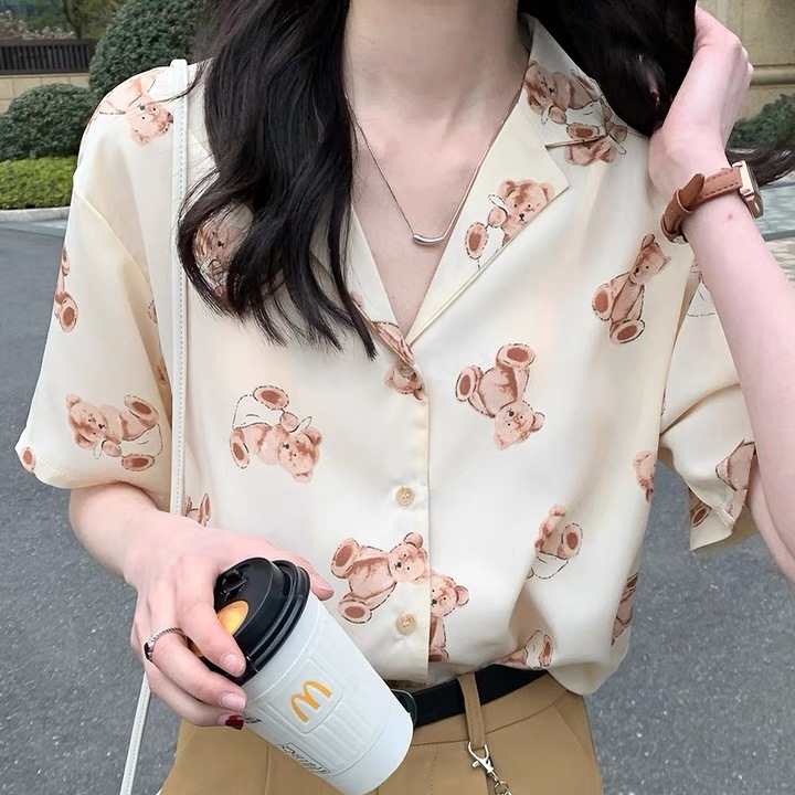 Áo sơ mi BH tay ngắn dáng rộng in họa tiết gấu đáng yêu mẫu 2021 phong cách Hàn Quốc thời trang cao cấp cho nữ