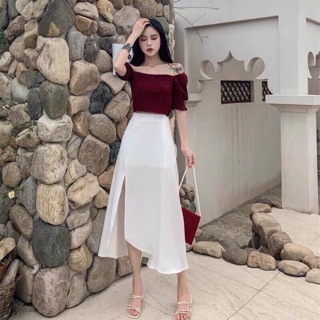 Set áo đỏ + chân váy trắng xẻ tà kèm lót cao cấp siêu hot