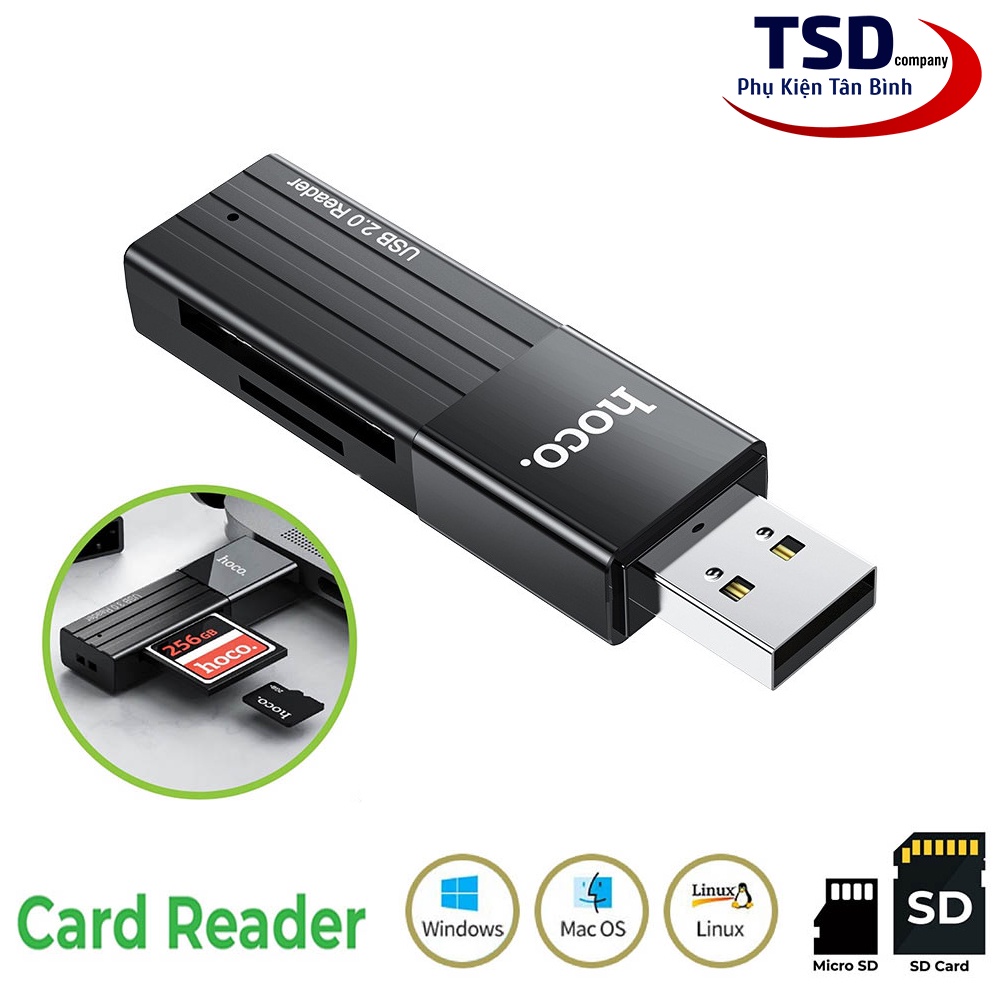 Đầu Đọc Thẻ Nhớ 2.0 Hoco HB20 Chính Hãng, Khe Cắm Thẻ SD &amp; Micro SD