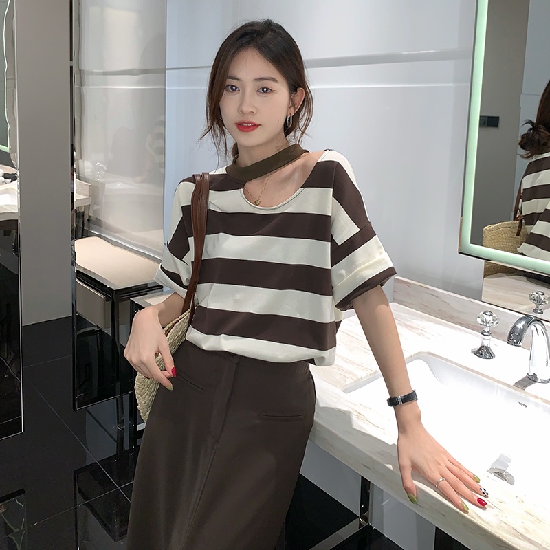 Áo thun ZHELIHANGFEI dệt kim tay ngắn dáng rộng kẻ sọc trẻ trung thời trang cho nữ