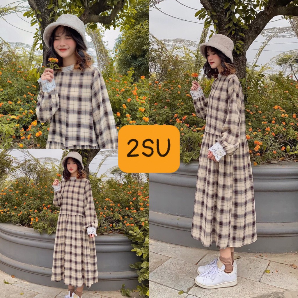 Váy kẻ phối tay ren dáng dài tiểu thư babydoll kiểu dáng vintage | BigBuy360 - bigbuy360.vn