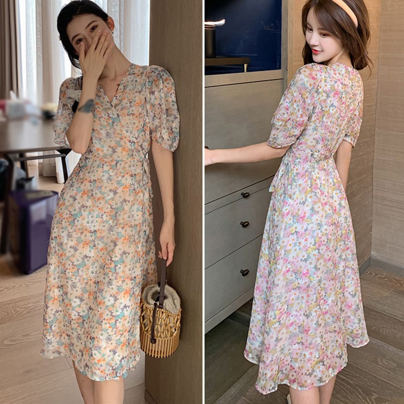 Đầm dài họa tiết hoa cổ V cho nữ