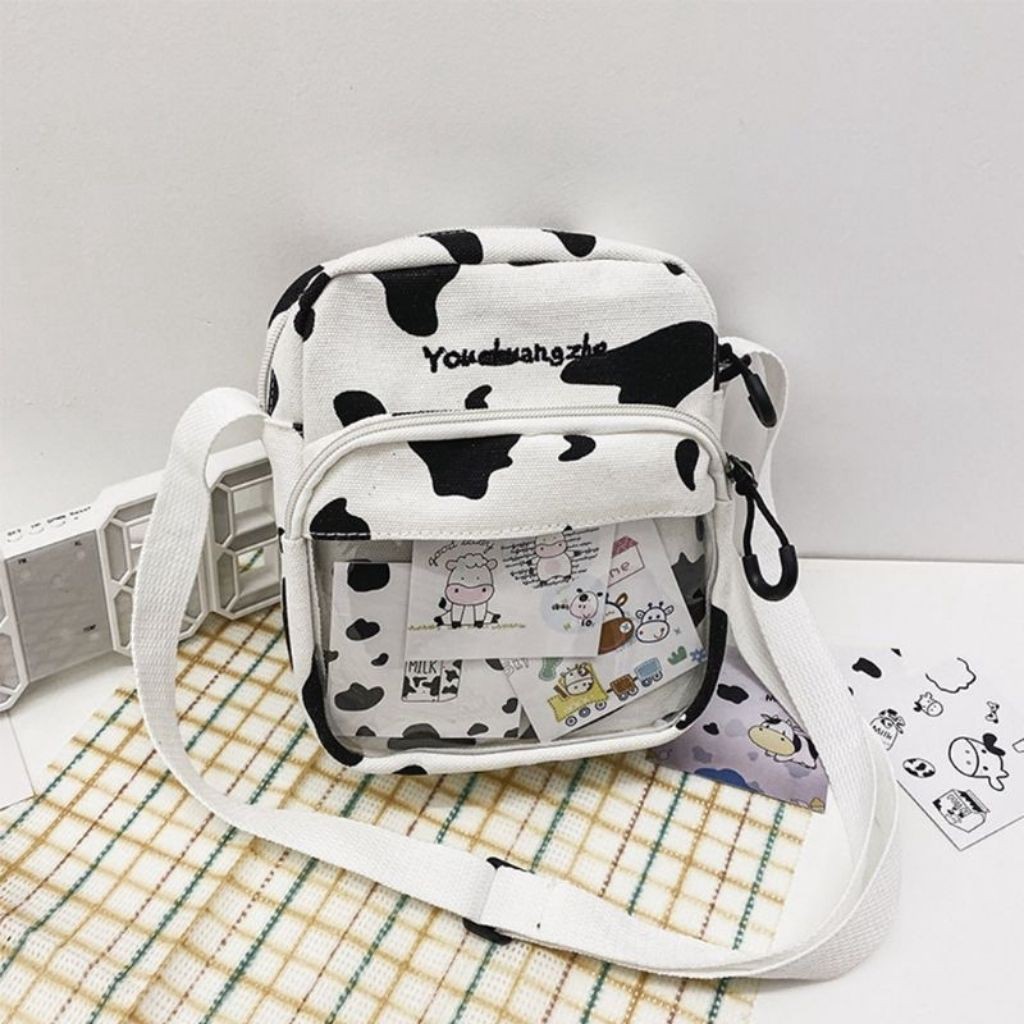 Túi Đeo Chéo Vải Cavas Hoạ Tiết Bò Sữa Siêu Dễ Thương Cho Nữ Đựng Đồ Đi Chơi Dạo Phố - Túi Bò Sữa Mini