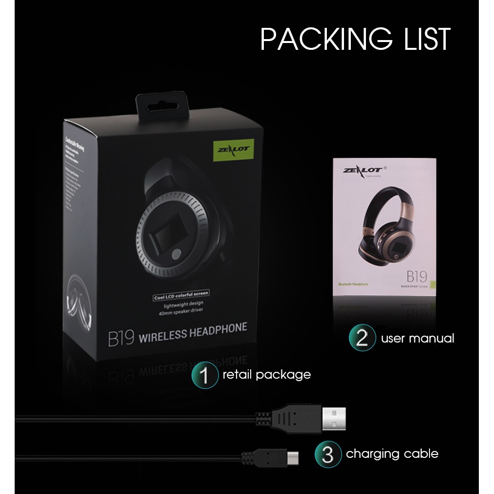 Tai nghe Bluetooth không dây ZEALOT B19 Headphone Bluetooth stereo Bass có micro FM Radio Thẻ TF, màn hình LCD | BigBuy360 - bigbuy360.vn