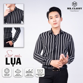 Áo sơ mi lụa nam hoạ tiết kẻ sọc. Mềm mịn, thoáng mát, không nhăn không xù.