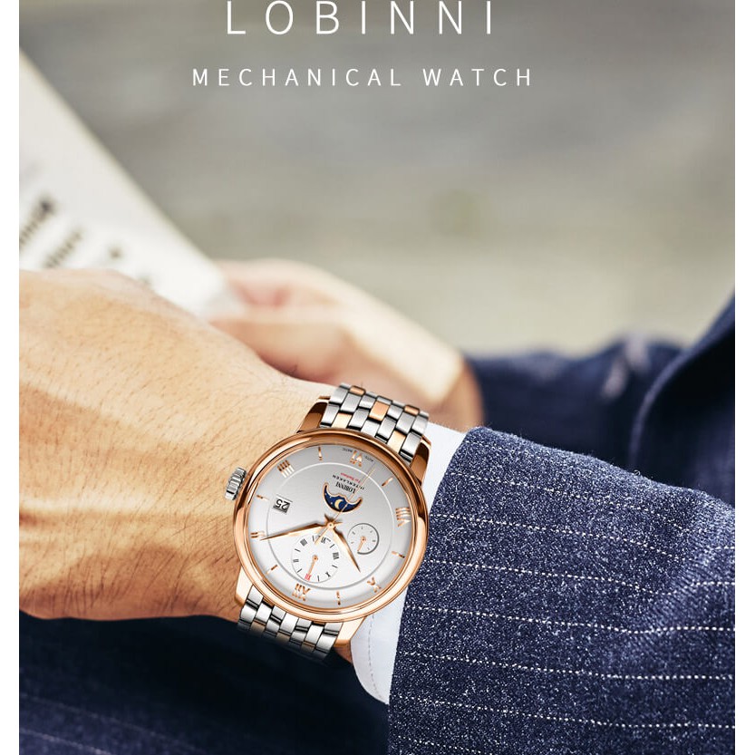 Đồng hồ nam chính hãng LOBINNI L6020-3,hàng mới,Kính sapphire ,chống xước ,Chống nước 50m ,BH 24 tháng,Máy (Automatic)
