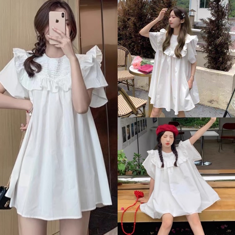 [Ảnh thạt/Video]Áo váy Moment xếp li ngực dáng babydoll xoè nhẹ xinh xắn Đầm thô mềm dáng ngắn Hàn Quốc