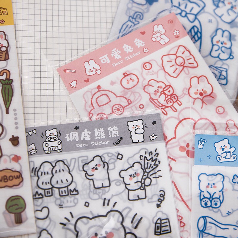 Hình dán sticker gấu siêu siêu cute vĩ 6 miếng nhiều hình khác nhau trang trí sổ tay, máy tính, laptop, góc học tập