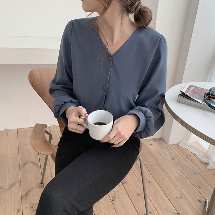 Linki ✯ Áo Sơ Mi Nữ Tay Dài Cổ Chữ v Màu Sắc Thanh Lịch