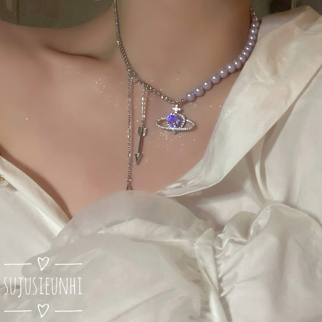 (CÓ VIDEO) Vòng cổ ngọc màu tím phối xích đính mặt trái tim tình yêu dành cho nữ