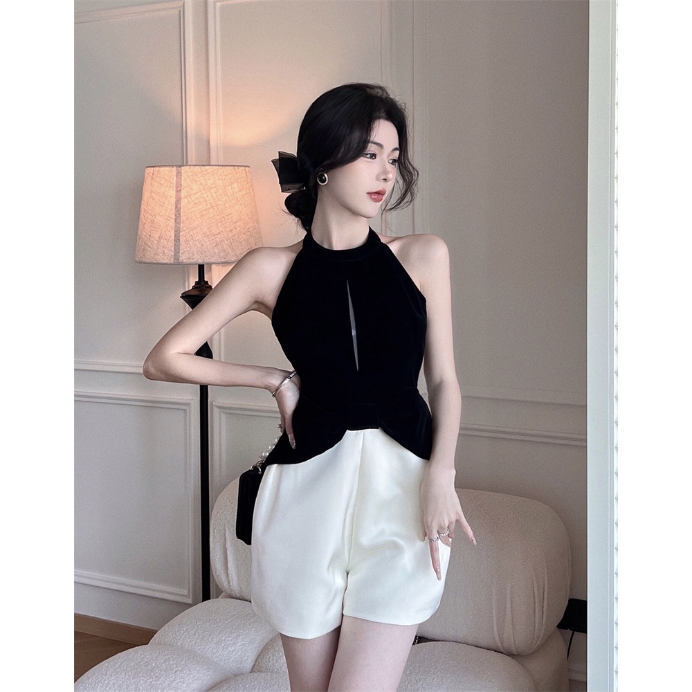 Áo Liền Quần Ngắn Hai Dây Đính Nơ Màu Sắc Tương Phản Phong Cách Pháp Dành Cho Nữ