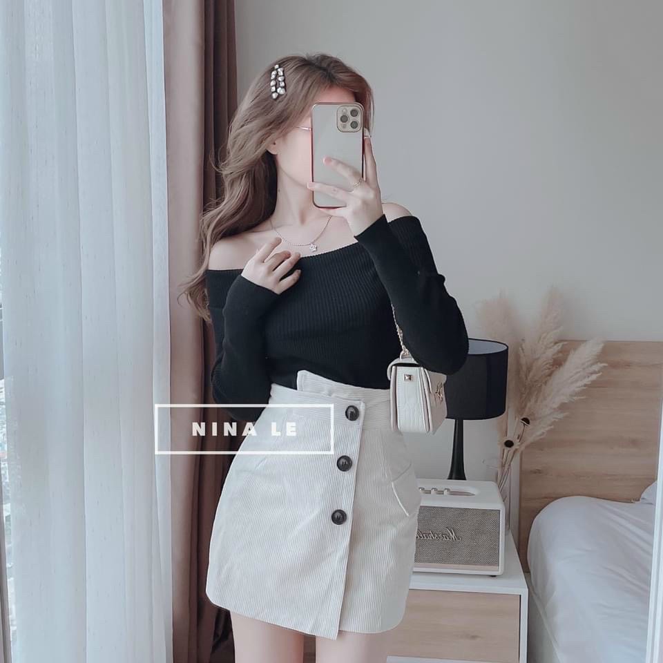Sét váy nữ thun gân trễ vai tay dài kèm chân váy đắp phối nút phong cách hàn quốc trẻ trung, xinh xắn cho nàng dạo phố