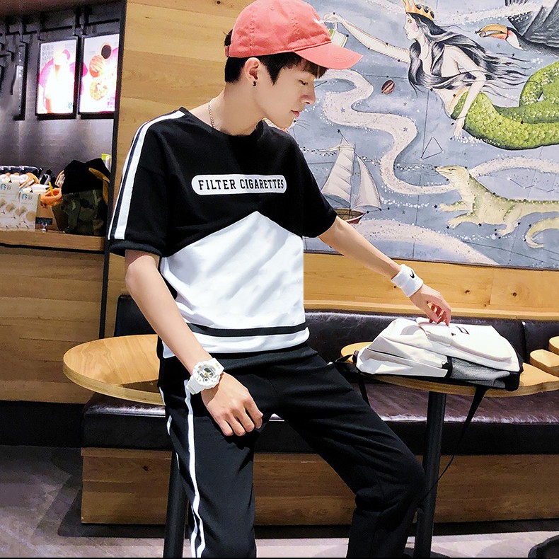 Bộ Quần Áo Thun Nam Ngắn Tay Phối Hai Màu Đen Trắng Quần Dài Phối Sọc Thời Trang Đường Phố SET NAM 90000110C2 | BigBuy360 - bigbuy360.vn