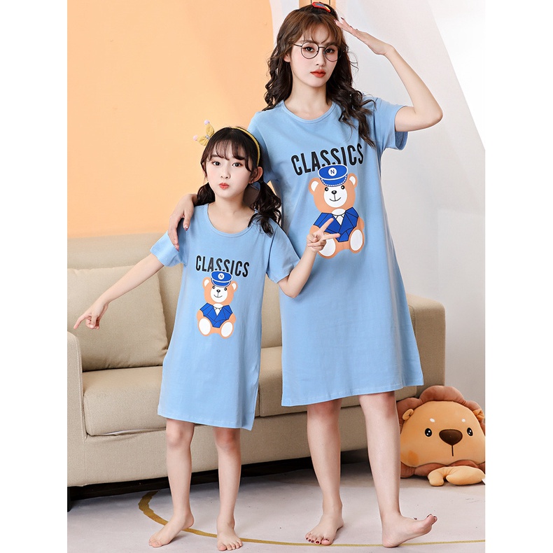Đầm Ngủ Tay Ngắn Chất Liệu Cotton Thời Trang Xuân Hạ Cho Mẹ Và Bé Kích Thước 100-180cm