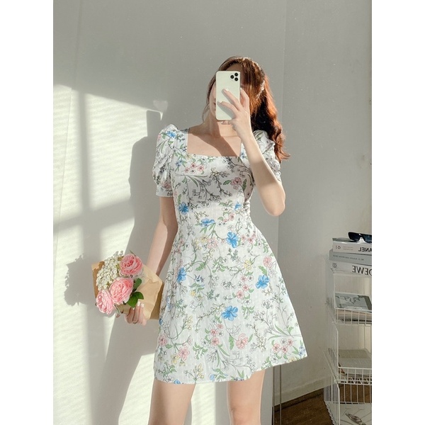 Váy nữ hoa nhí MIEU dáng chữ A cổ vuông tay phồng cột sau - HM05