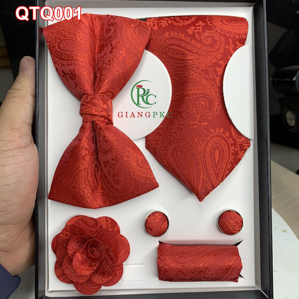 Set cà vạt họa tiết + măng séc + khăn cài áo sang trọng + nơ  họa tiết gấm trắng Giangpkc qtp001