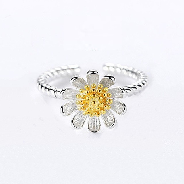 Nhẫn nữ hoa cúc 10 cánh nhụy vàng N04, xi bạc 925, cực xinh, giá rẻ