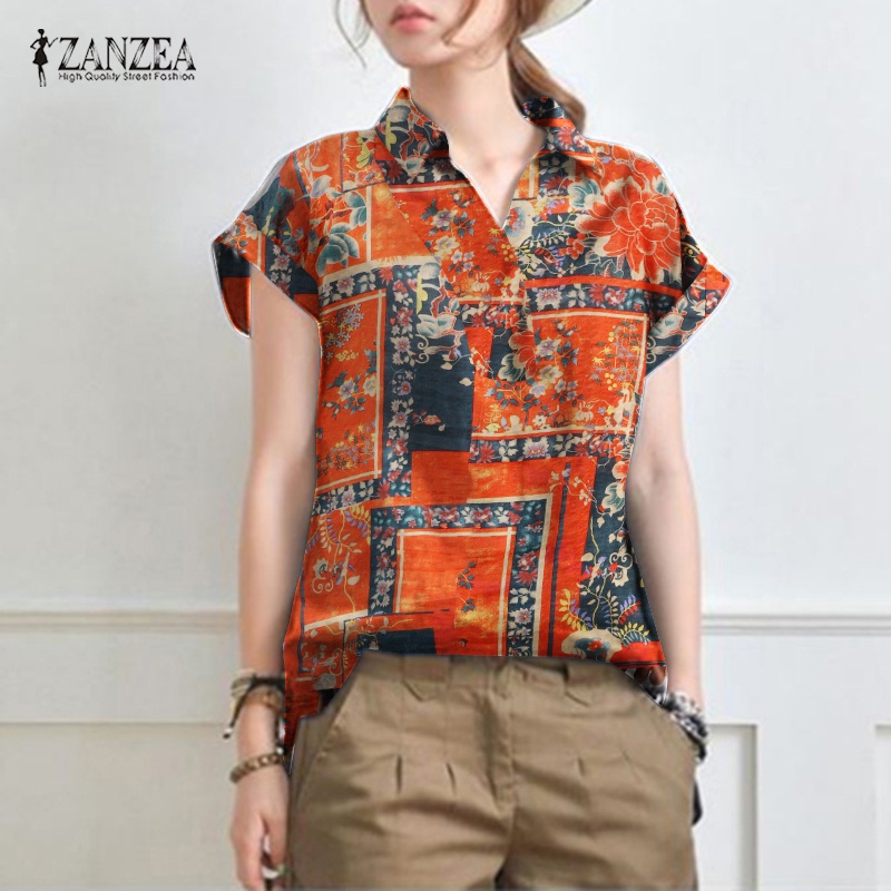 Áo sơ mi Zanzea tay ngắn cổ bẻ in họa tiết thời trang thanh lịch cho nữ