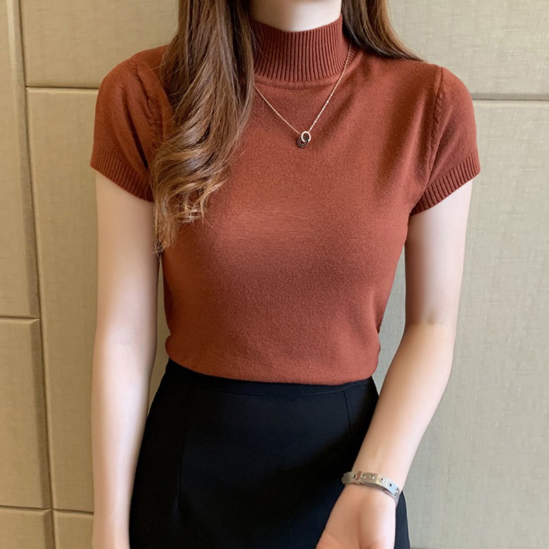 Áo Vải Dệt Kim Nữ Cổ Lọ Tay Ngắn