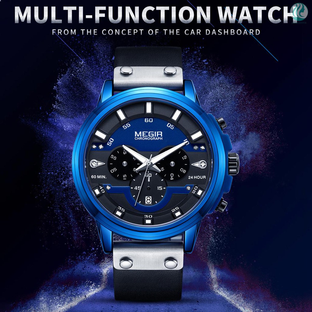 🌱megir 2080 Fashion Quartz Sports Men Watch Multifunctional 3 Dials Chronograph 3ATM Waterproof Luminous Hands Wr