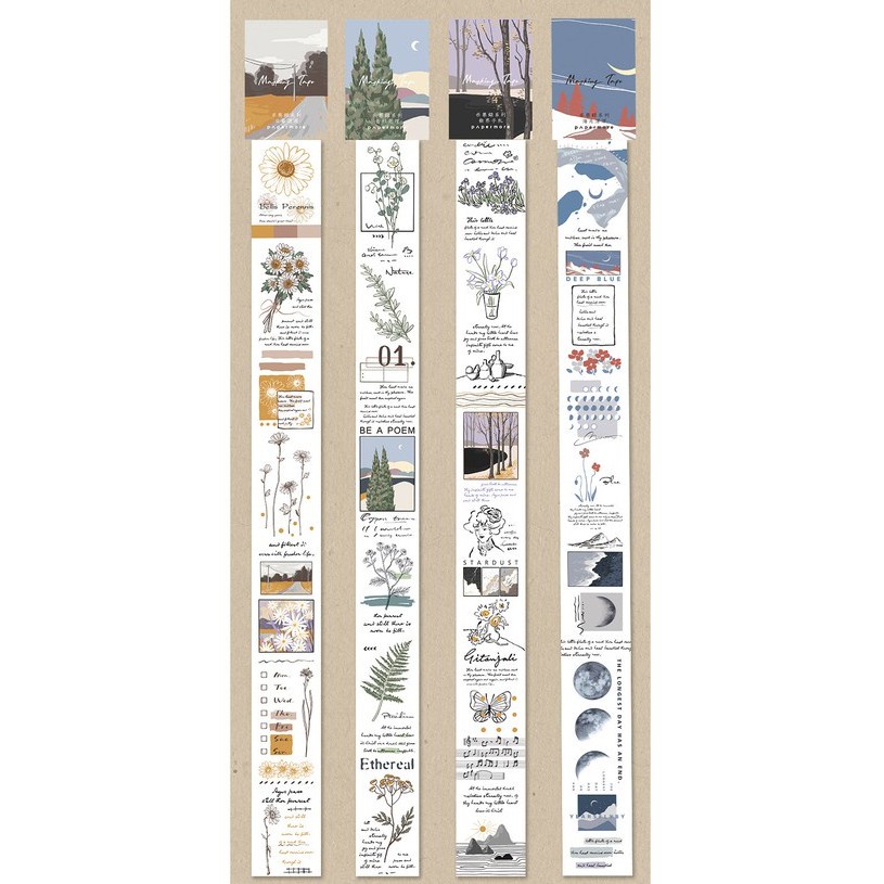 Dải sticker vintage dán sẵn trang trí Bullet journals STI14 VPPTUEMINH, Masking tape nhiều họa tiết