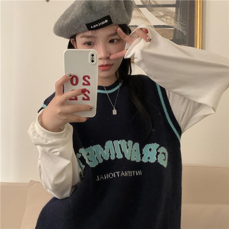 Set Áo Sơ Mi Dài Tay Form Rộng + Áo Len Không Tay Thiết Kế Mới Thời Trang Theo Phong Cách Hàn Quốc Cho Nữ