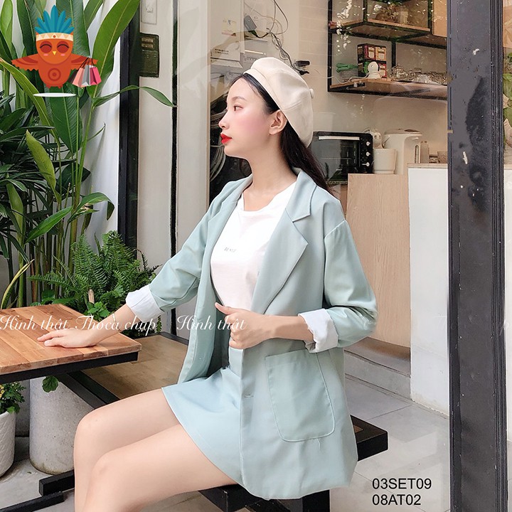 Set áo khoác vest 2 túi phối chân váy lưng thun THOCA HOUSE vải dày đi làm, đi học freesize dưới 56kg
