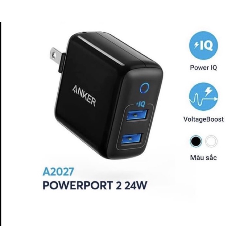 [Cóc Anker-A2027]-Cốc Sạc 2 Cổng Anker PowerPort II 24W