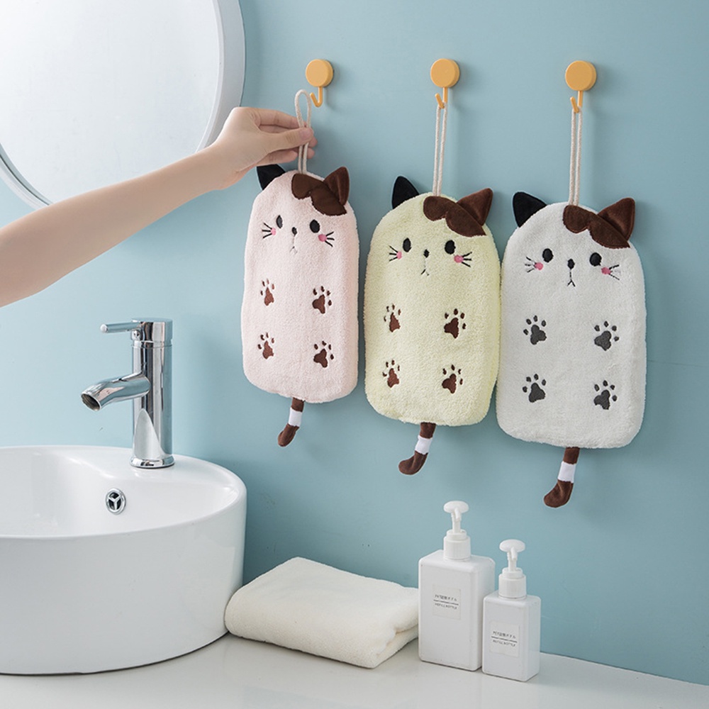 Khăn Lau Tay Treo Tường Vải Lông Cừu San Hô Hình Mèo Hoạt Hình Sáng Tạo Thấm Hút Nước