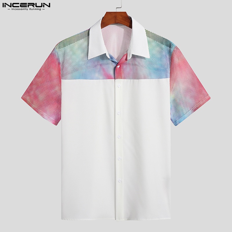 Áo sơ mi INCERUN cho nam tay ngắn xuyên thấu màu nhuộm độc đáo thời trang