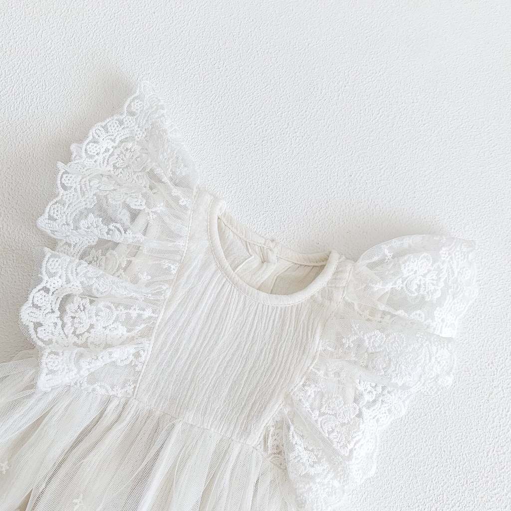 Đầm Công Chúa Một Mảnh Vải Cotton Phối Ren Lưới Màu Trắng Dễ Thương Dành Cho Bé Gái
