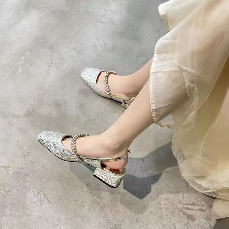 Giày Cao Gót Mũi Vuông Đính Đá Thời Trang Xuân Hè Mới 2022