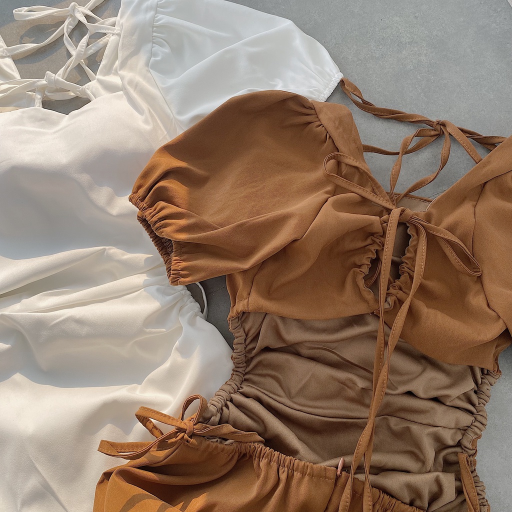 ĐẦM CỔ VUÔNG CUT OUT LƯNG 2 MÀU NÂU TRẮNG SIÊU XINH - ELLA DRESS