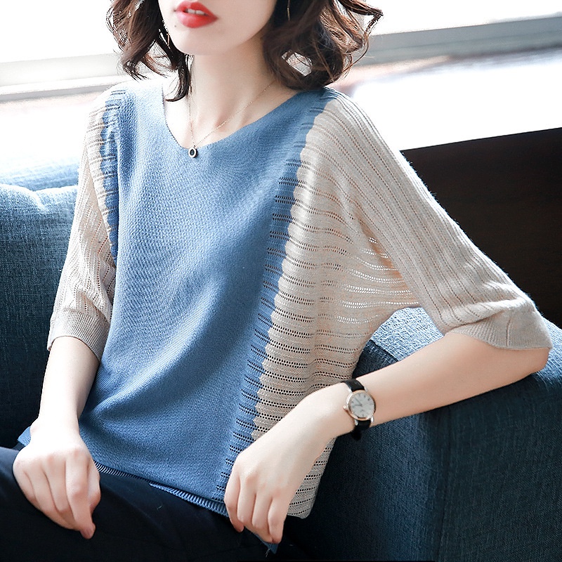 Áo len dệt kim tay lỡ mỏng trơn màu cổ chữ V Al33