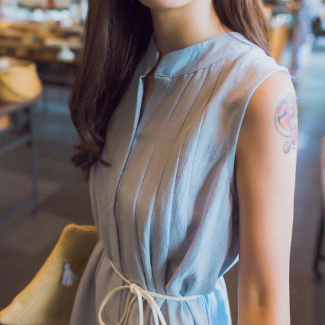 Đầm xanh cổ trụ xếp li (kèm hình thật) | BigBuy360 - bigbuy360.vn